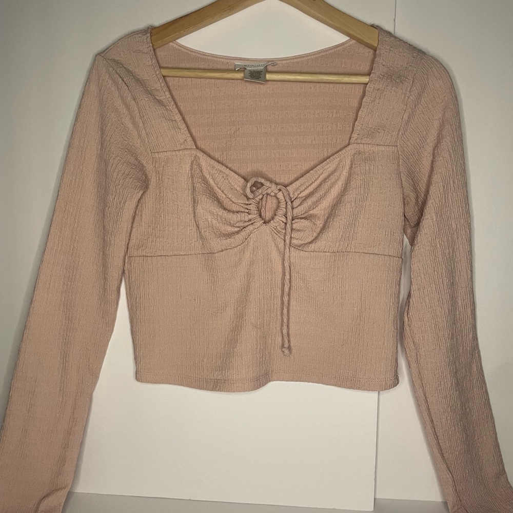 Square-Neck Ribbed Drawstring Top — Blush
